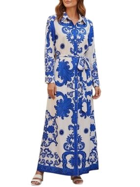 1.STATE Blue White Baroque Print Maxi Shirt Dress Belted Boho Resort Sz S